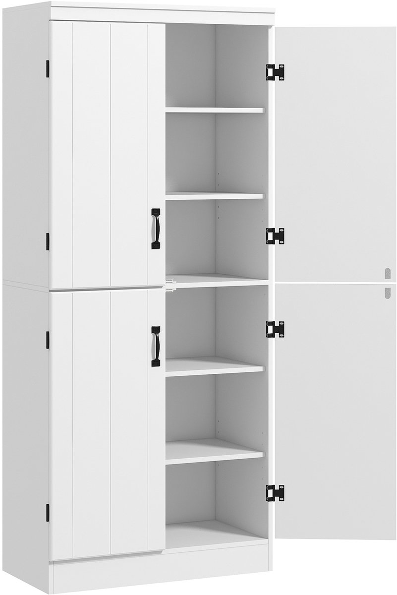Keukenkast, buffetkast, hoge kast, vitrinekast met 4 deuren en 6 opbergruimte, staande kast met 6 verstelbare planken in moderne boerenstijl voor keuken, eetkamer, wit, 76 x 40 x 177 cm