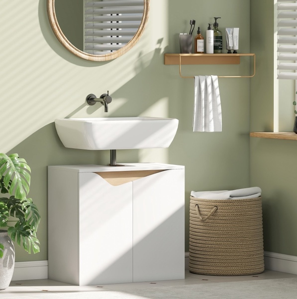 OKWISH Badkamerkast - Onderkast Voor Wandwastafel - 60 x 35 x 57,9 cm - 2 Deuren Met Soft-Close - Verborgen Opbergruimte - Hout Wit