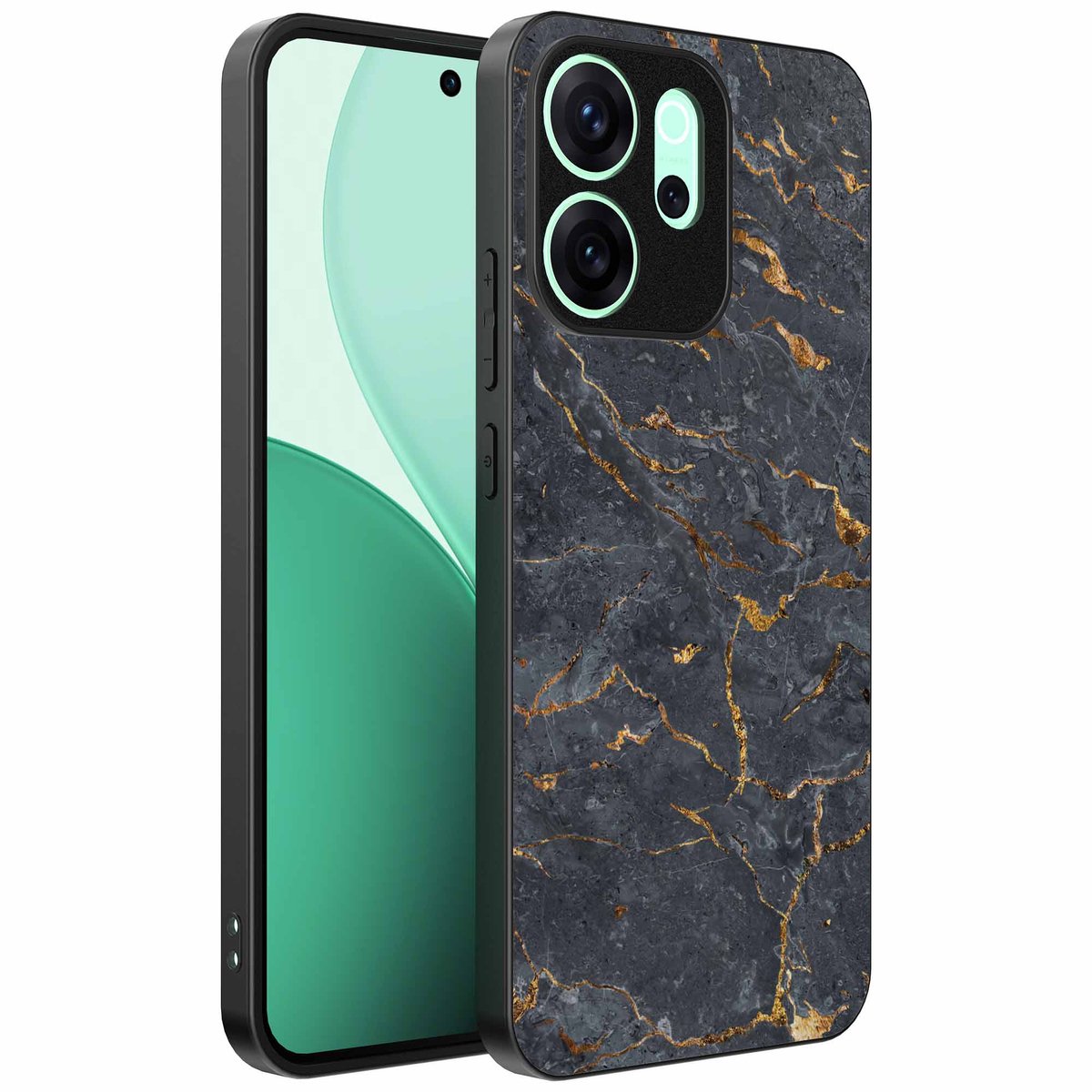 Geschikt voor Oppo Reno 15 Pro Telefoonhoesje met Grijs Goud Marmer Opdruk - TPU Backcover Case Grey Gold Marble Design - Zwart - Smartphonica geschikt voor Oppo Reno 15 Pro