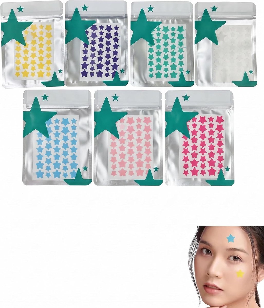 Effectieve puistjespleisters in sterrenvorm - 280 stuks acne patches in 7 kleuren, onzichtbaar en beschermend onder make-up