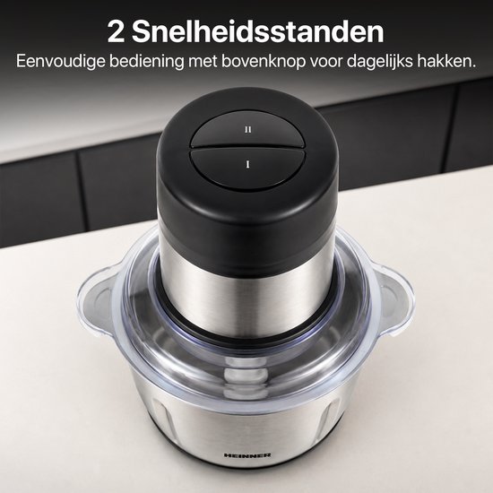 Heinner Elektrische Hakmolen - 300 W - RVS-kom 2 L - 4 RVS-messen - 2 Snelheden - Metalen Overbrenging - Veiligheidssysteem - Zilver van Heinner — afbeelding 5