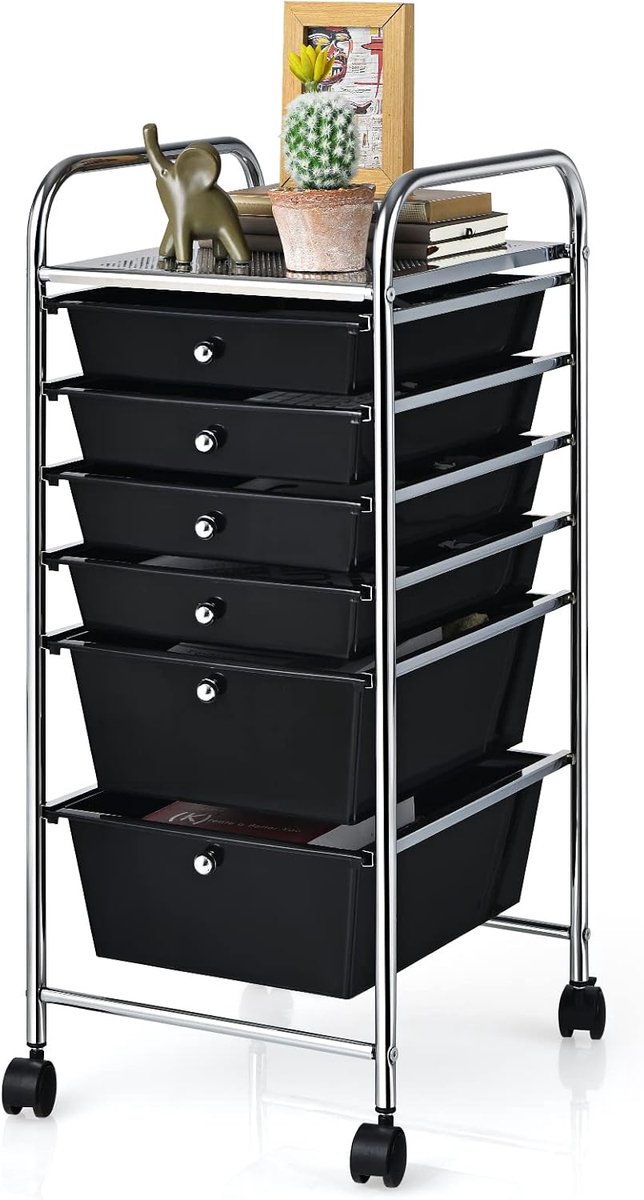 COSTWAY Rolwagen met 6 stapelbare laden, ladecontainer op wielen met metalen frame en legplateau, opbergrolwagen voor badkamer, kantoor, woonkamer.