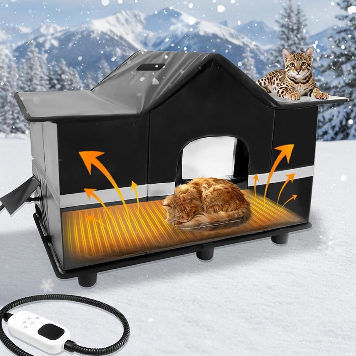 Verwarmd Kattenhuis - Buitenverblijf Isolatie - Dieren Beschermen - Geïsoleerd Weerbestendig Dakraam - 63 x 33 x 43 cm - Zwart