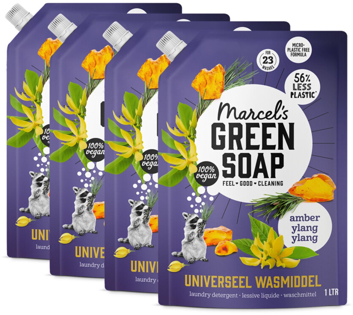Marcel's Green Soap Wasmiddel Navulling Voordeelbox Amber & Ylang Ylang - 4 x 1000 ml