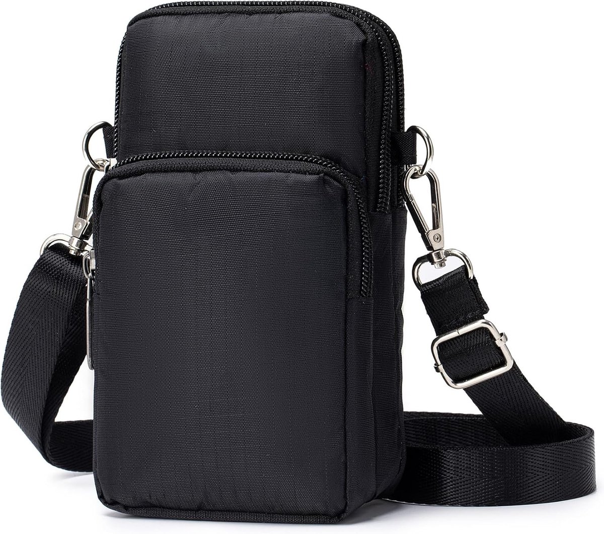 Dames Schoudertas voor Mobiele Telefoon, 3-in-1 Multi-Pocket, Waterdichte Nylon Sling Crossbody Tas voor Reizen en Werk, Zwart