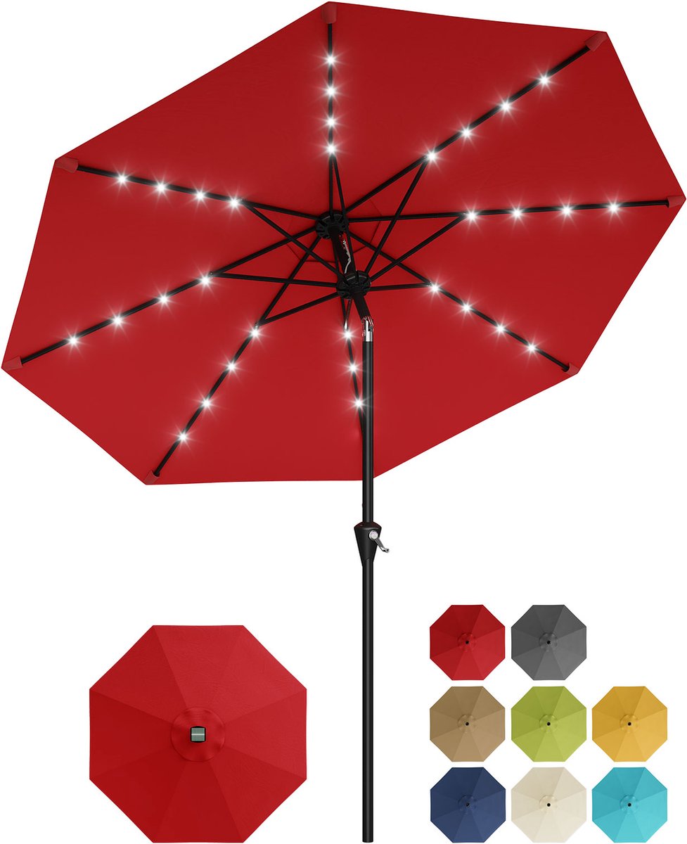 Parasol met Solar LED-Verlichting - 270x270x236cm - Tuinparasol Zonder Voet - Grote Tafelparasol - Kantelbaar met Drukknop - 8 Stevige Ribben - Voor Tuin Terras Zwembad - Rood