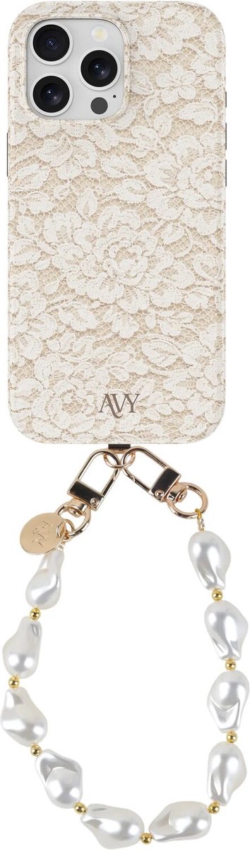 AVY Hoesje Met Telefoonkoord | Geschikt voor Apple iPhone 14 Pro | Compatibel met MagSafe & Qi2 | Hard Shell Back Cover | Stijlvol Bijpassend Koord Polsbandje (32CM) | Vintage Lace