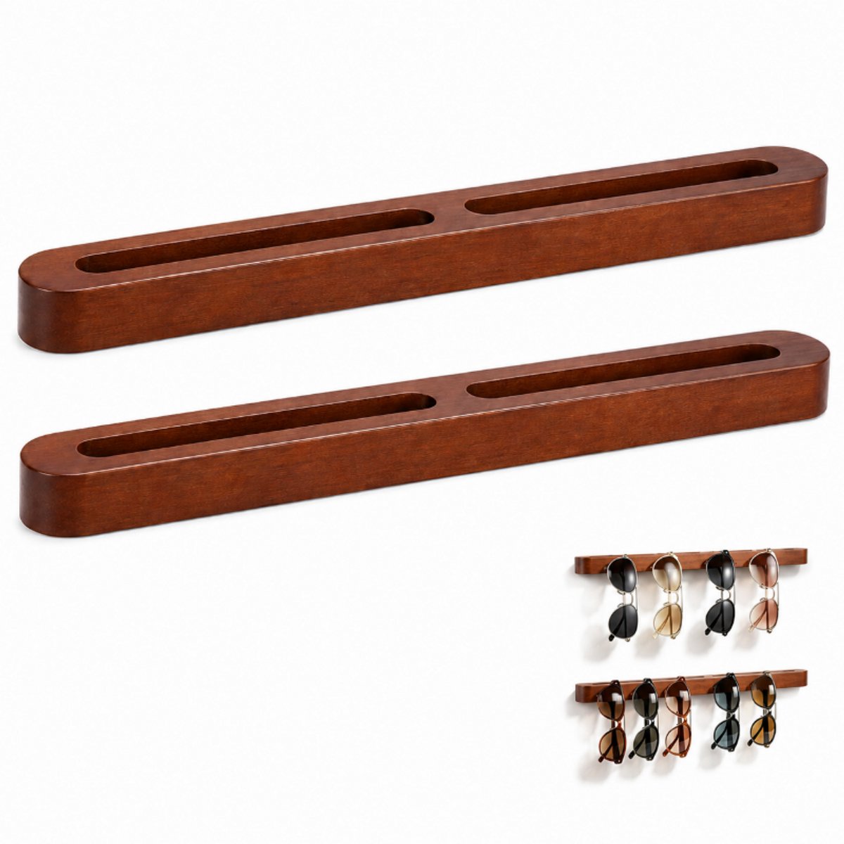 Bril Houder - Zonnebril Organizer 2stuks- Grenenhout - Muur Gemonteerd - 28cm - Voor Decoratie, Ingang, Kantoor - Huis - Donkerbruin