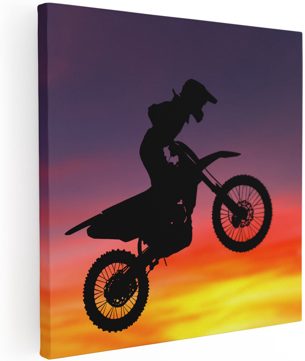 Artaza Canvas Schilderij Silhouet Van Een Motorcross In De Lucht - 100x100 cm - Groot - Wanddecoratie Woonkamer - Schilderijen - Muurdecoratie