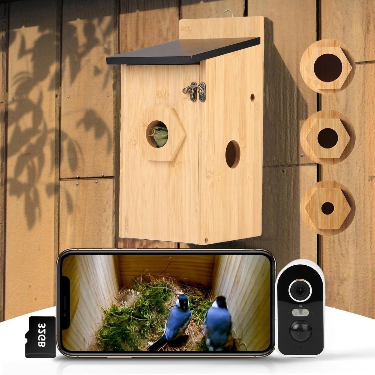 Vogelhuis met Camera - Nestkast Observatie - Vogels Bekijken - HD Beeld Nachtzicht - 4MP Resolutie - Natuurlijk Bamboe