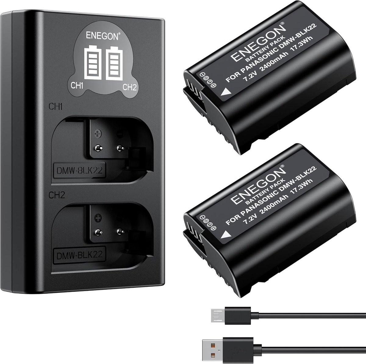 2 Stuks 2400mAh DMW-BLK22 Accu en Dubbele Oplader met Micro USB Kabel en LCD Display voor Panasonic Lumix DC-S5, GH5 II, GH6, S5M2, Camera Accessoires en Vervangende Batterijen