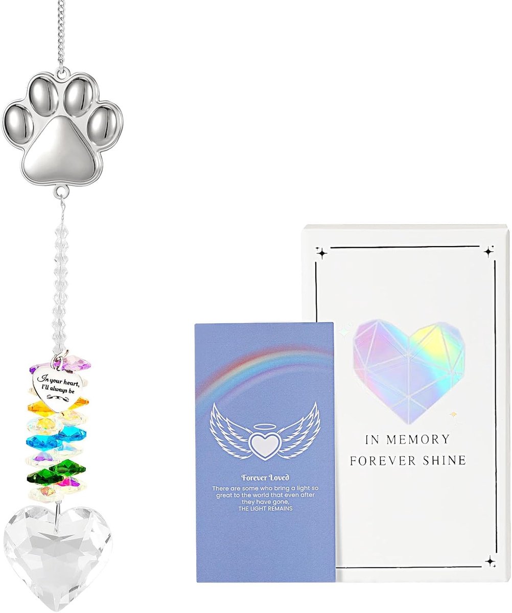 Memorial Gifts for Loss of Dog, Pet Memorial Suncatcher with Paw Print, Pet Loss Sympathy Gift, Thoughtful Dogs and Cats Remembrance Memento, Rainbow Bridge Sun Catcher for Bereavement