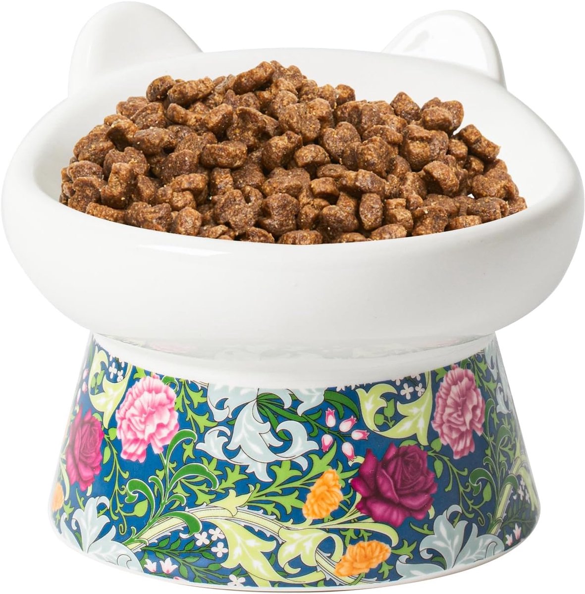 Verhoogde Voerbak Kat, Brede Ondiepe Katten Voerbak met Standaard, Hellende Kattenvoerbak met Anti-braaksel Functie voor Kittens en Senioren (Bloemenpatroon)