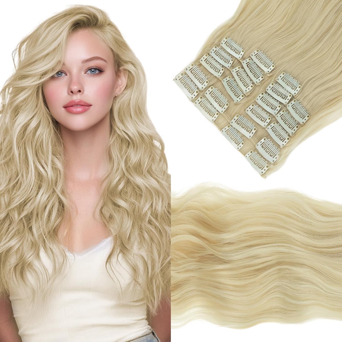 Haarextensies, blond, 12 strengen, haarverlenging, clips, voordelig golvend haar, kunsthaar, haarstukje voor dames, bleekblond