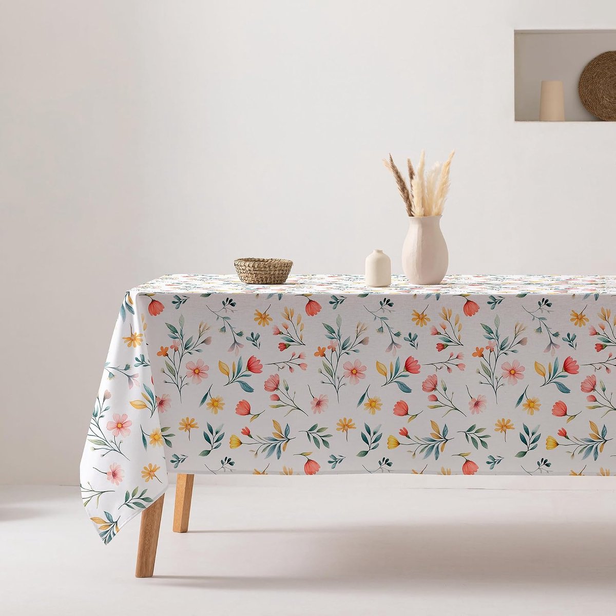 Tafelkleed, vuilafstotend, katoen, bloemenpatroon, vierkant, stof, 160 x 160 cm, beige