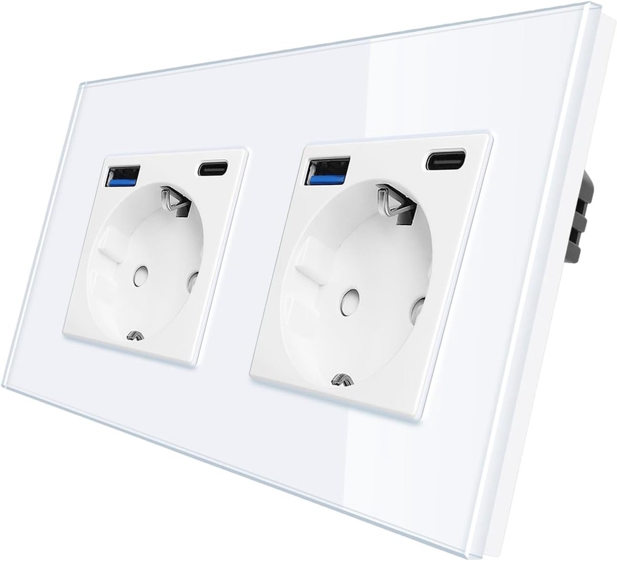 Schuko Dubbele ingebouwde wandstekker met USB-A poort en Type C-poort, in glas, 16 A, wit