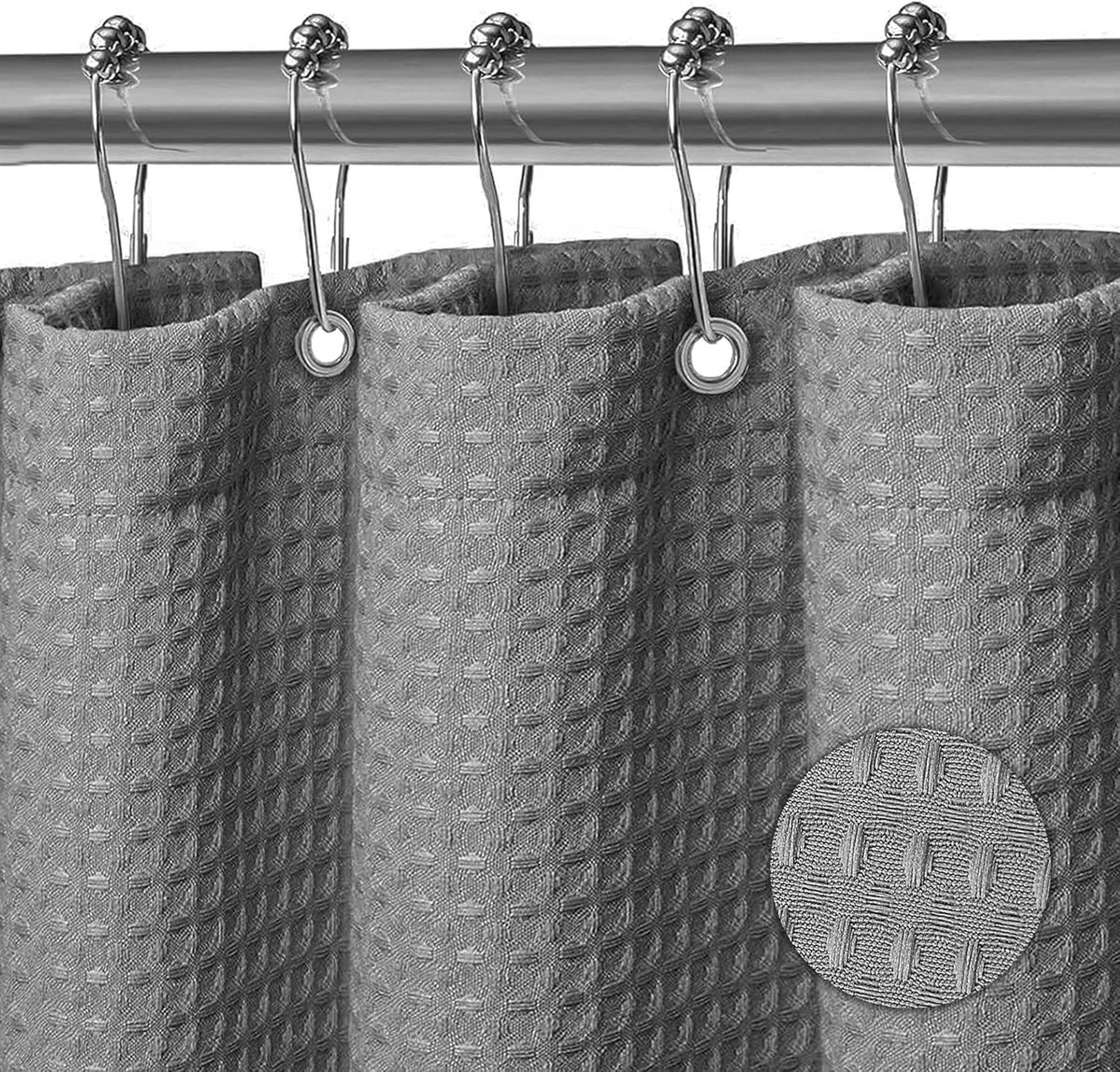 Douchegordijn, wasbaar, textiel, polyester stof, badgordijn met 12 metalen douchegordijnringen, waterdicht, voor douche en bad, 180 x 180 cm, wafelpatroon, grijs