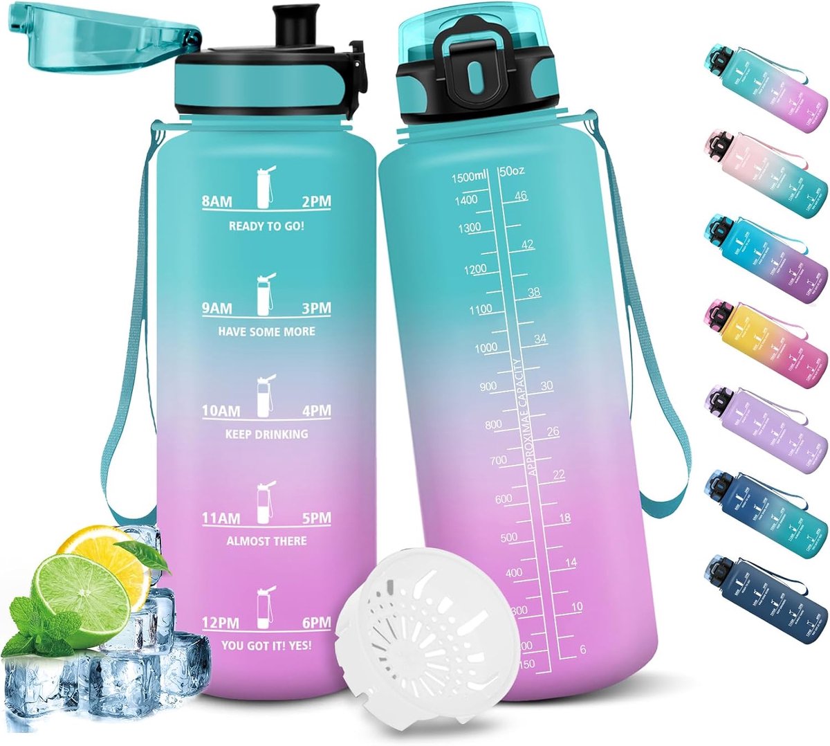 Waterfles, 1,5 l, motiverende waterfles met rietje, lekvrij, waterfles voor school, sportschool, camping, fietsen, yoga