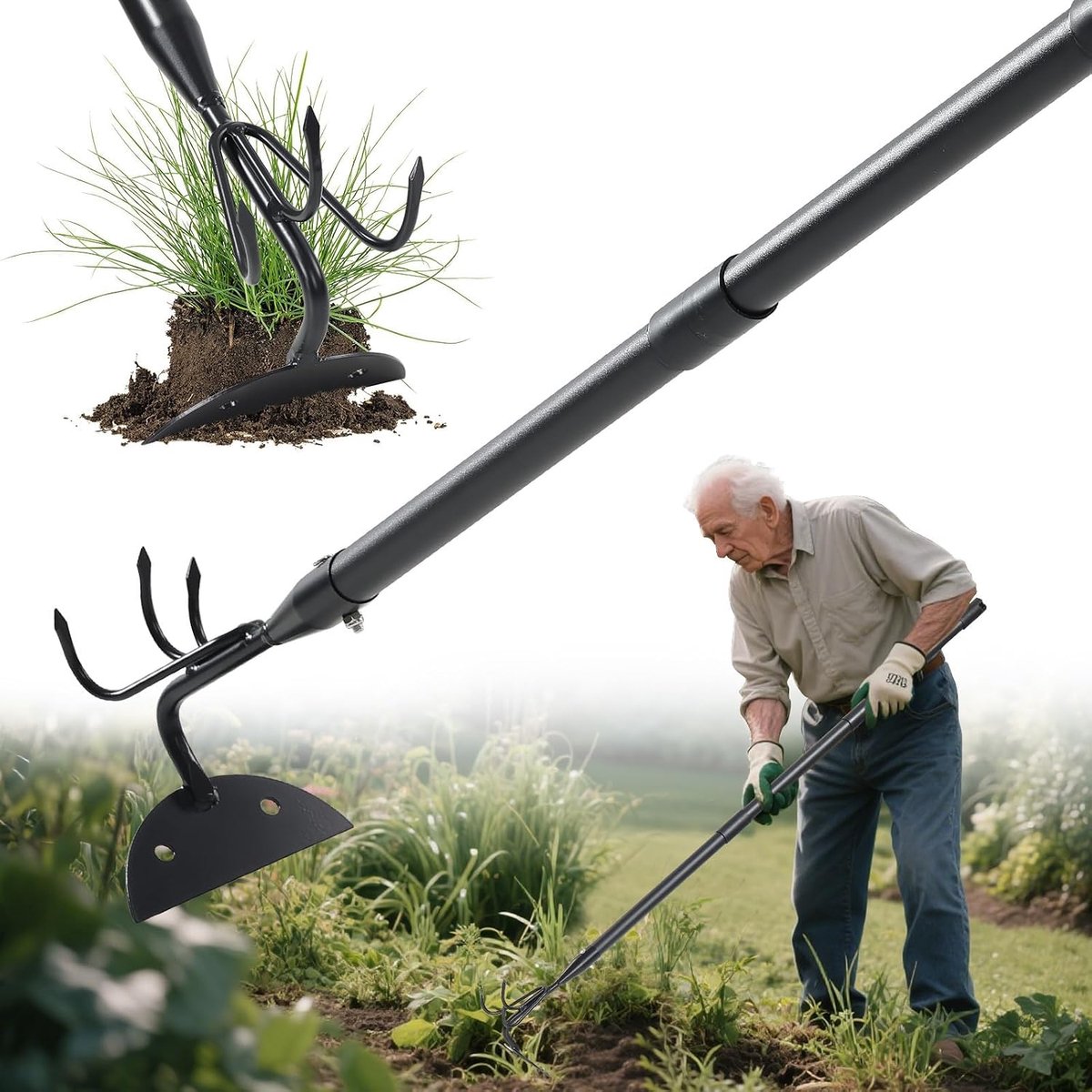 grasvork, 110 cm, verstelbare onkruidhaak met lange steel, zware perkhak, tuingereedschap voor het wieden en losmaken van aarde voor tuin, gazon en tuinwerk
