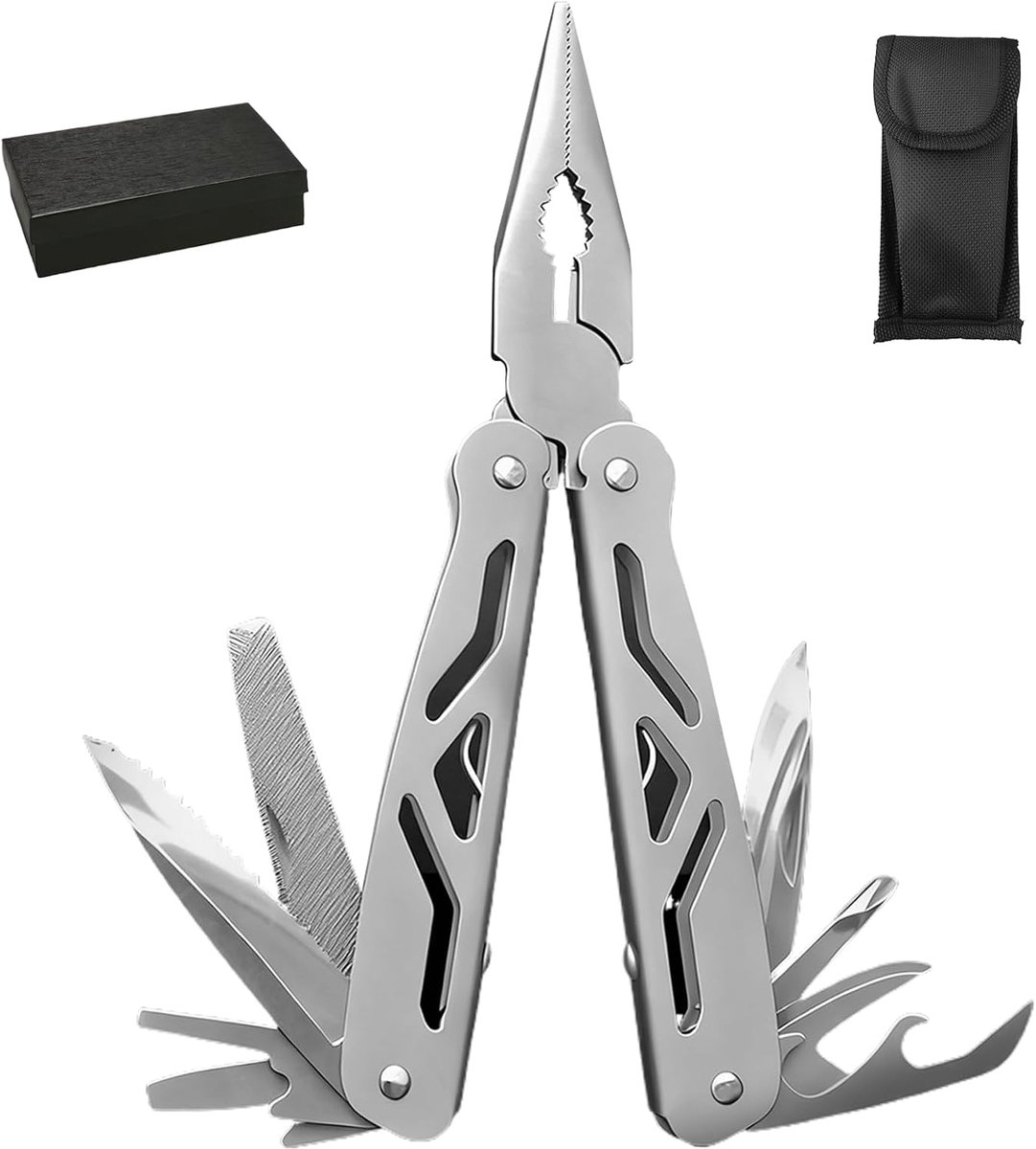 12-in-1 multitool, opvouwbaar, roestvrij staal, multifunctioneel gereedschap met tas en geschenkdoos, outdoor campinggereedschap voor wandelen, vissen, repareren, ideaal voor mannen, vaders