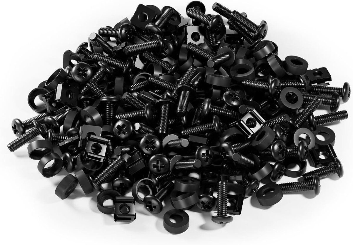 100 x M6 kooimoerschroevenset voor 19/10 inch netwerkkasten | 100-delige set M6 x 20 mm, geschikt voor patchvelden, racks, serverbehuizing en stalen montagesets - zwart