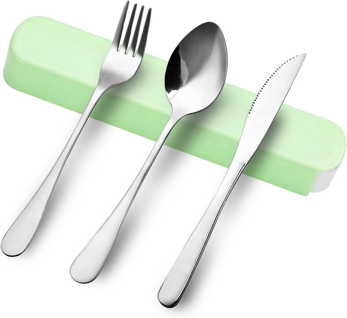 Bestek met etui, campingbestek, roestvrij stalen bestek voor onderweg, met lepel, mes, vork, machinewasbaar, geschikt voor lunchboxen, reizen, camping, dagelijks gebruik, groen