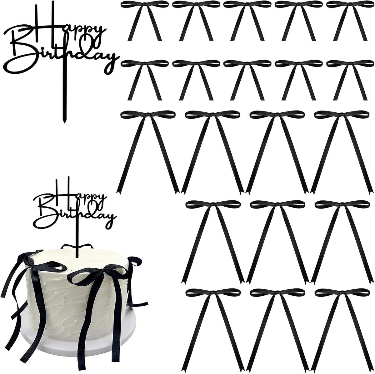 20 stuks taartstrikken met 1 topper Happy Birthday | Taartdecoratie met zwarte strikken voor verjaardag, babyshower, jubileum, bruiloft, taartdecoratie