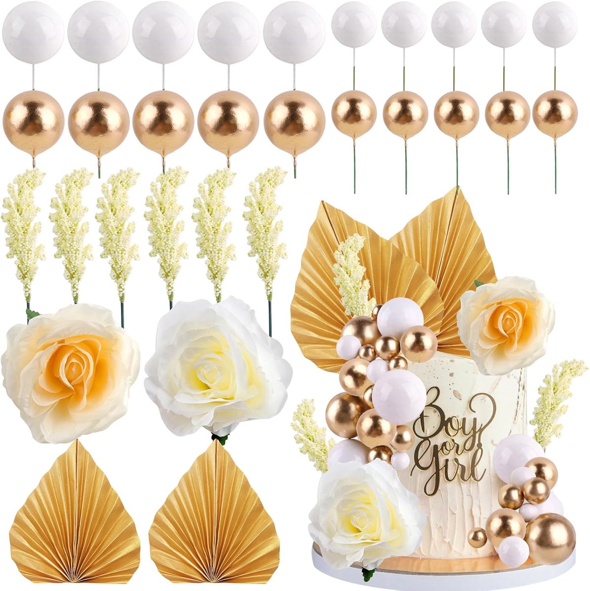 taarttoppers, decoraties, 30 stuks, vintage kunstroos, bloemen, palmbladeren, taarttoppers, wit, goud, bal, taartdecoratie, voor Boheemse verjaardag, bruiloft, bruid, babyshower
