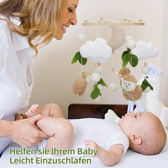 Mobile baby windgong, 3D schapen, maan wolken, mobiel baby hout met vilten ballen, bedbel, hanger voor babybed — afbeelding 3