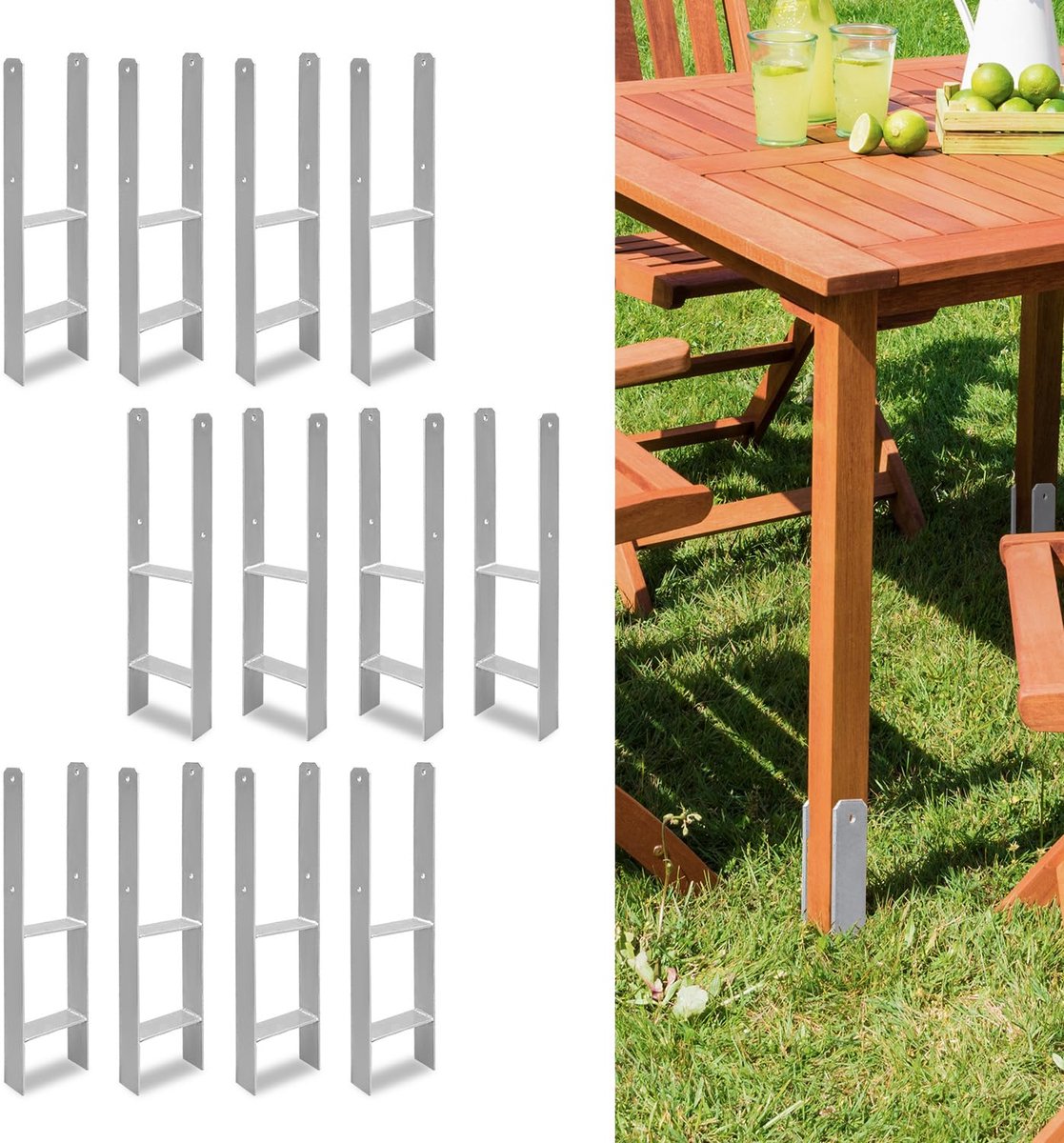 Set van 12 H-paalankers, 141 x 600 mm, H-paalhouders voor hek- en houten palen, robuuste H-ankers voor tuinhek, carport, paviljoen en houtbouwprojecten