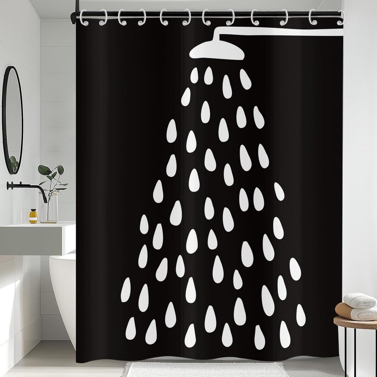 Douchegordijn, zwart-wit, 180 x 200 cm, modern, grappige douchekop en waterdruppels, badgordijn, waterdicht, polyester, wasbaar, badgordijn voor badkamer, met haken