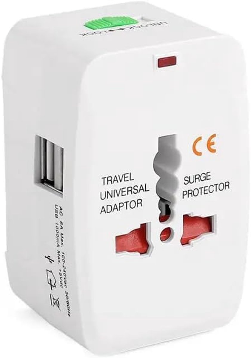 multifunctionele universele reisadapter met 2 USB-poorten, compatibel met meer dan 150 landen, waaronder de VS, Australië, Groot-Brittannië en Europa.