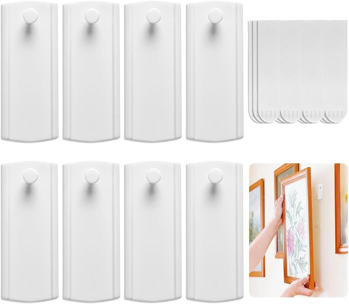 plakspijker voor fotolijsten, 8 spijkers en 12 plakstrips, powerstrips haken, afneembaar, foto's ophangen zonder boren, zelfklevende posterstrips, beschadigingsvrije fotohaken