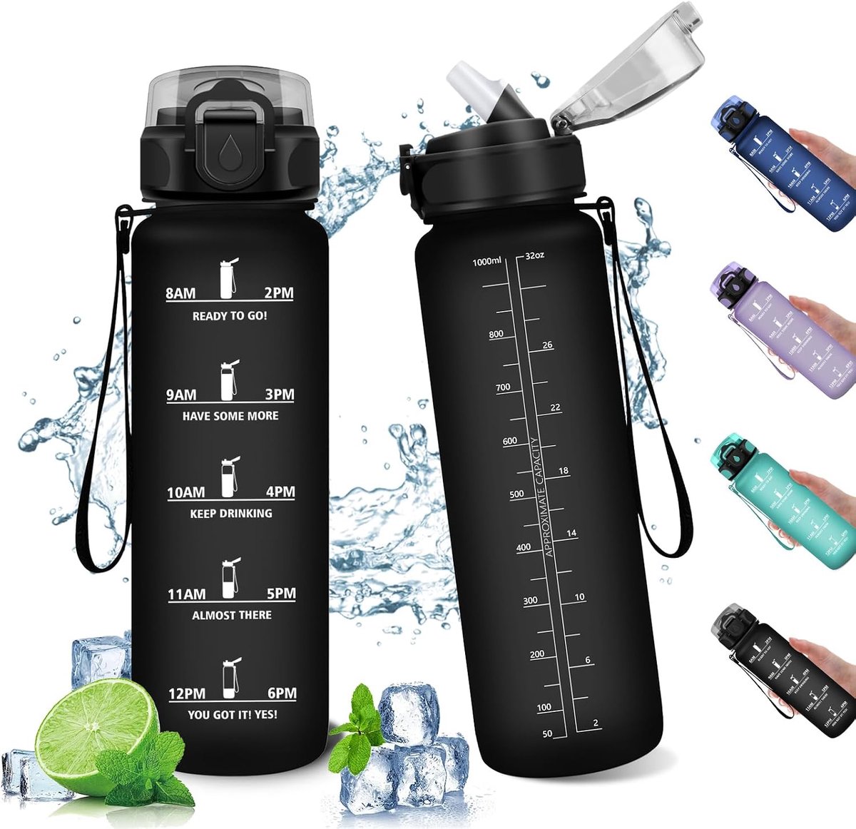 1 l Sportdrinkfles met rietje, motiverende tijdweergave, herbruikbaar, lekvrij, voor sport, sportschool, school, gym, 1 liter