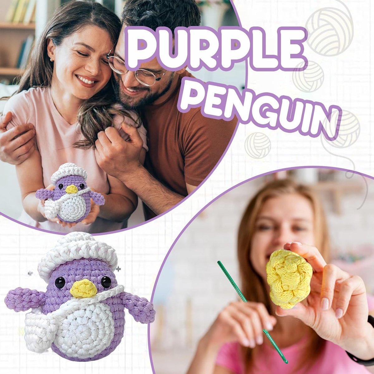Haakset voor beginners, complete haakset met stapsgewijze video-tutorials, haken, cadeau voor verjaardagen, ideaal doe-het-zelf-cadeau voor knutselliefhebbers (paarse pinguïn)
