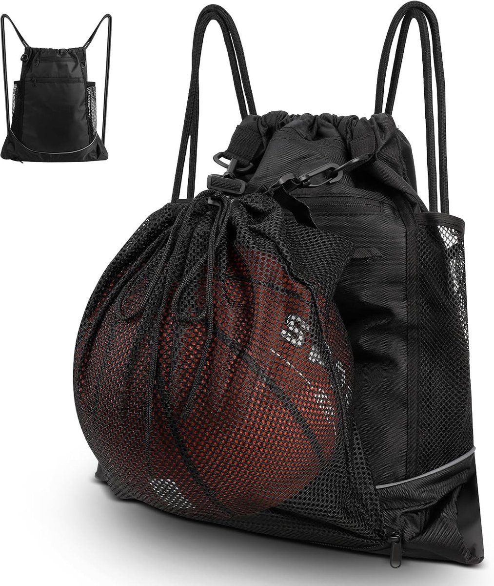 Voetbaltas met afneembaar netvak, sportrugzak voor heren en kinderen, met trekkoord, gymtas, zwart, basketbalrugzak, veelzijdige sporttas met trekkoord voor gym, outdoor, school, zwart, L