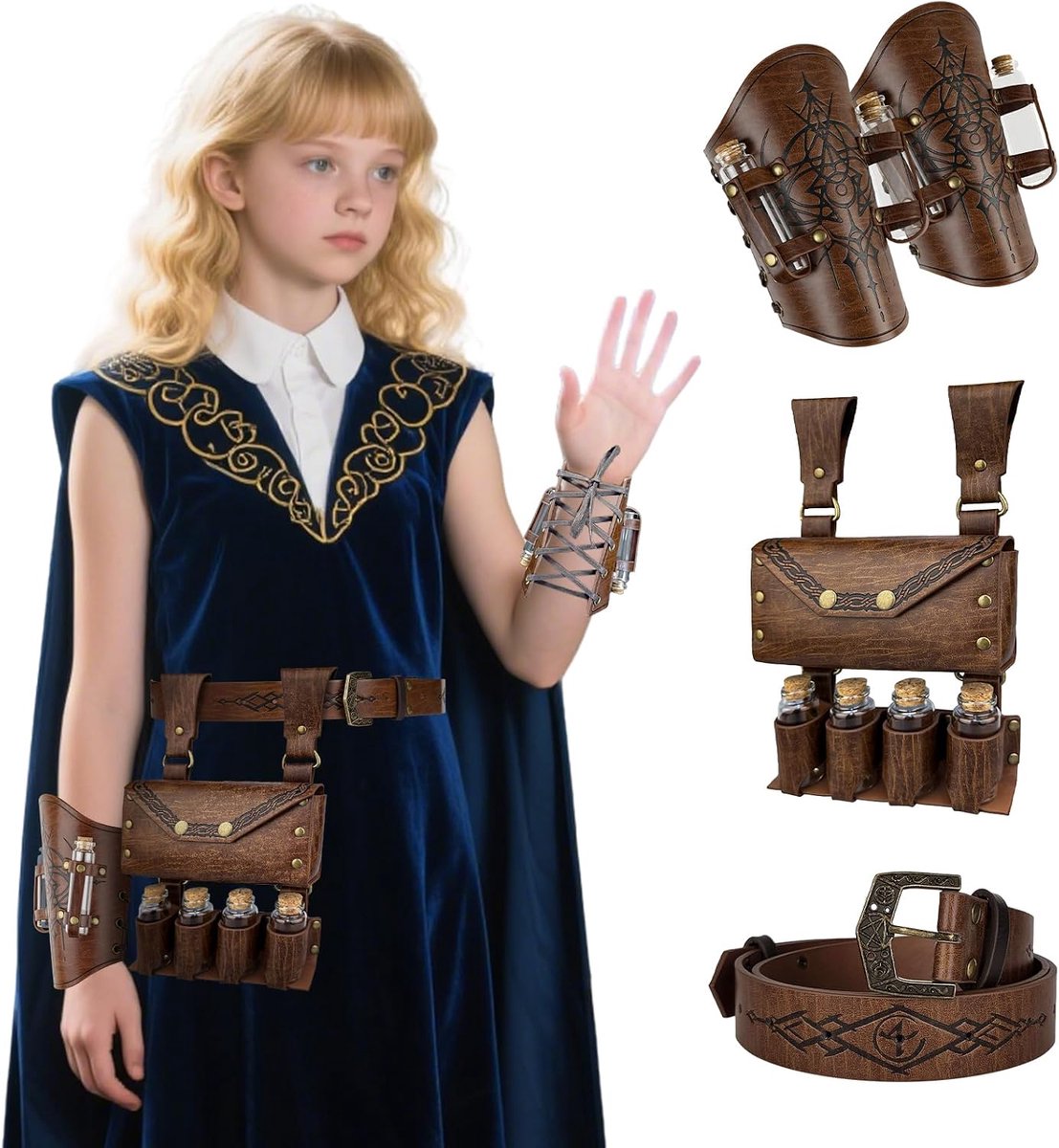 4-delige Middeleeuwse Alchemie Set voor Kinderen - Magiër Gordel, Heupzak & Armbeschermers met Flesjes voor Cosplay