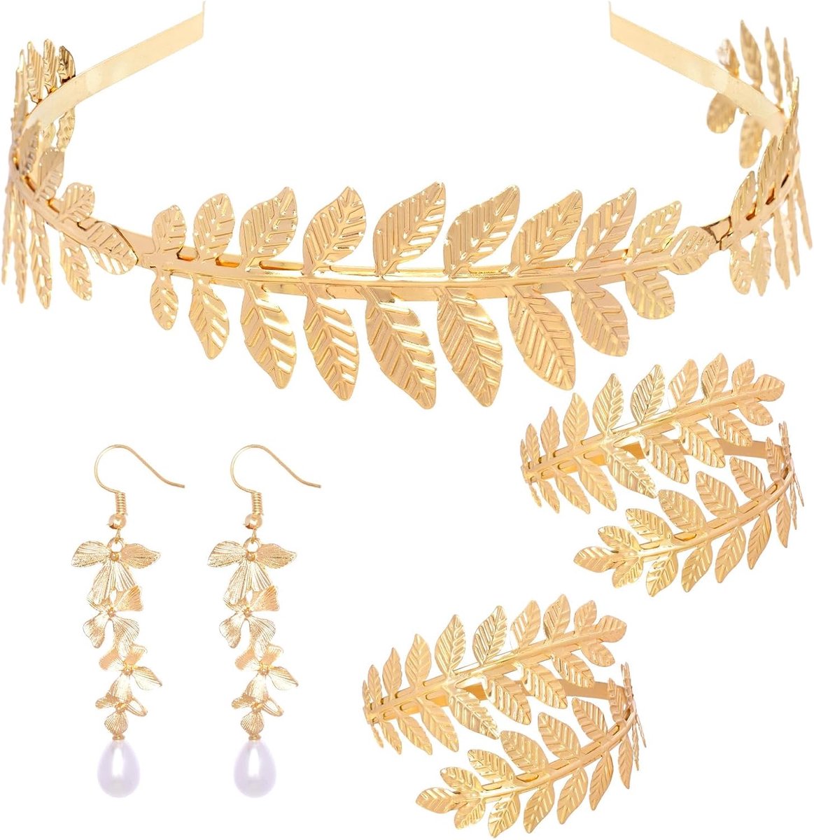 godin sieradenset, lauwerkrans, hoofdtooi, bovenarmband, oorbellen, Greek Goddess accessoireset, gouden sieraden, Romeinse voor dames, carnaval, bruiloft, Halloween