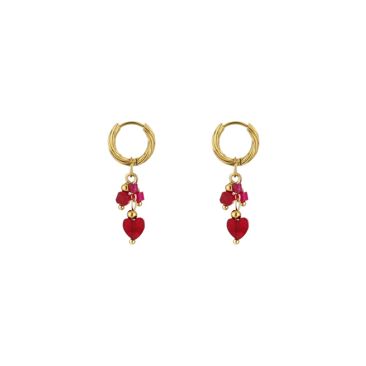 Beaded Heart Cluster Charm Hoops 3CM – Luxe Oorringen met Kralen & Hartbedel – RVS - Rood