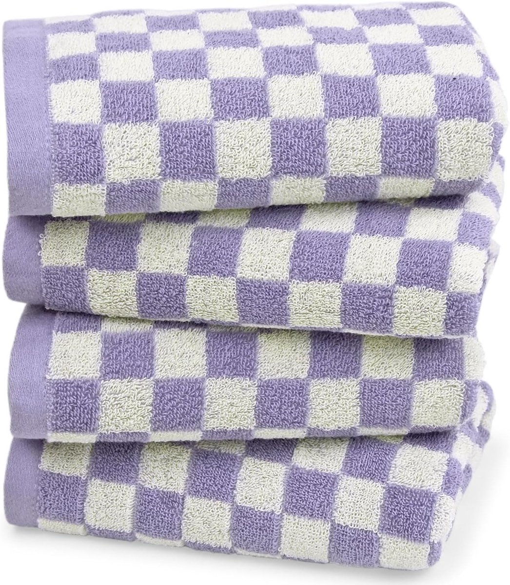 SnelShoppen - Set van 4 Handdoeken Lilac Ruit 100% Katoen, Extra Zacht en Absorberend, Perfect voor Badkamer, Keuken en Slaapkamer