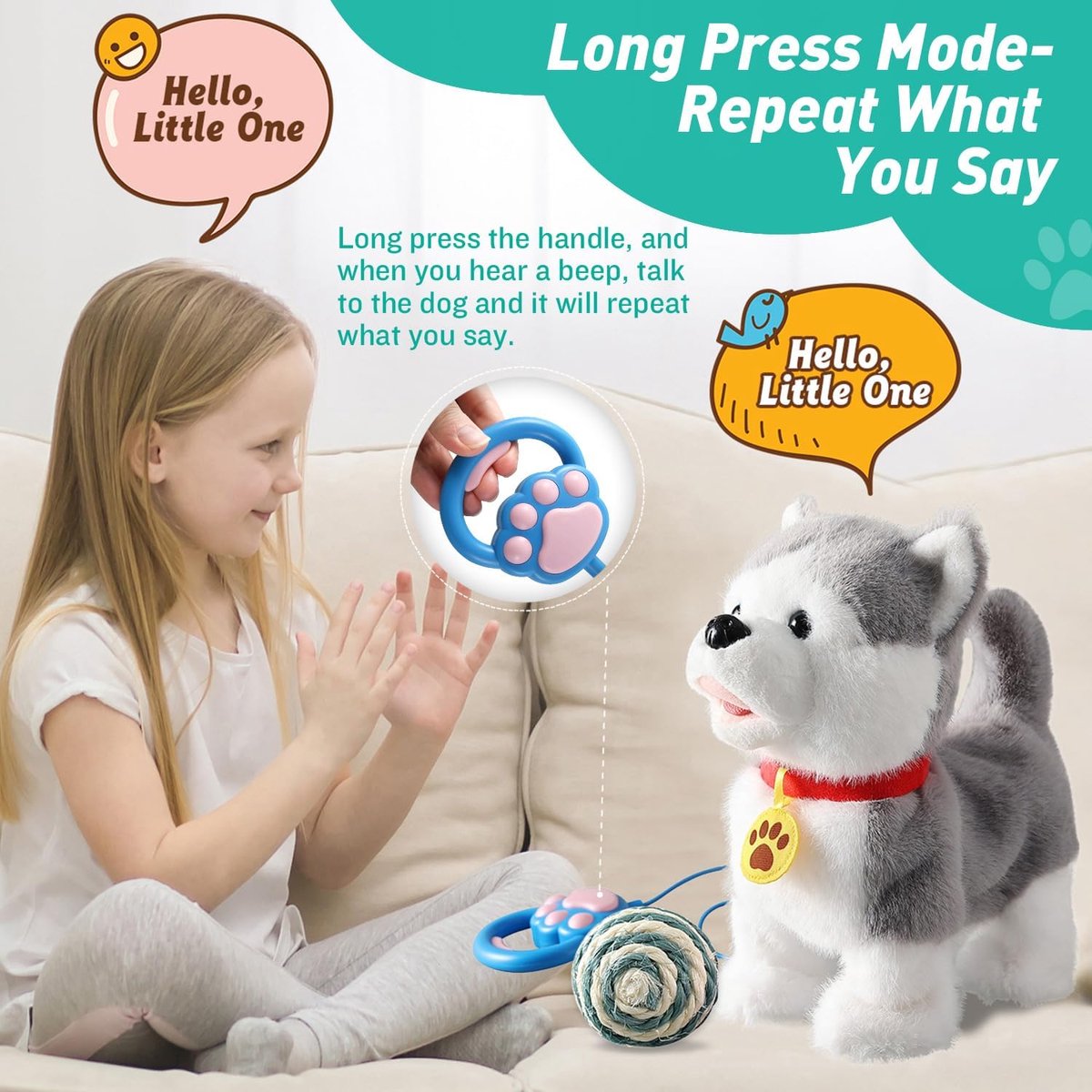 LG Husky Loophond voor Kinderen Blaffende Interactieve Muzikale Robothond Hondenspeelgoed Herhaalt Wat Je Zegt, Likkende Tong, Wiegende Staart, Afstandsbediening Peuterspeelgoed voor Meisjes en thumbnail 3