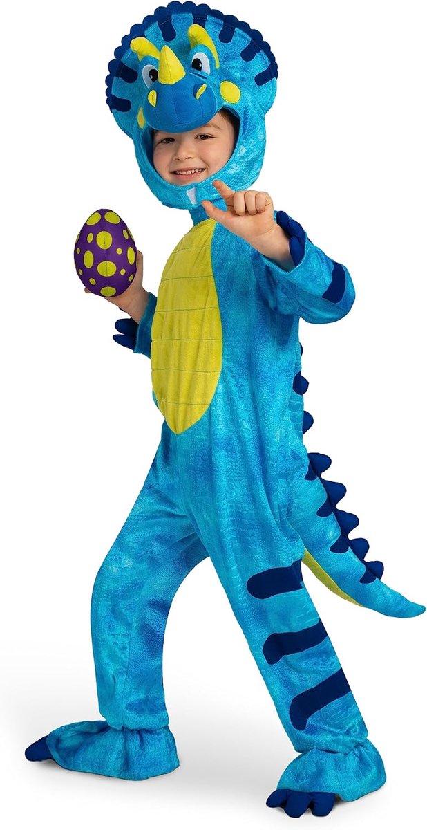 Creations Triceratops-kostuum voor baby's, blauw dinosauruskostuum met een luxe ei voor kinderen, peuters, peuters, aap, triceratops met capuchon, Halloween-kostuum voor feestjes
