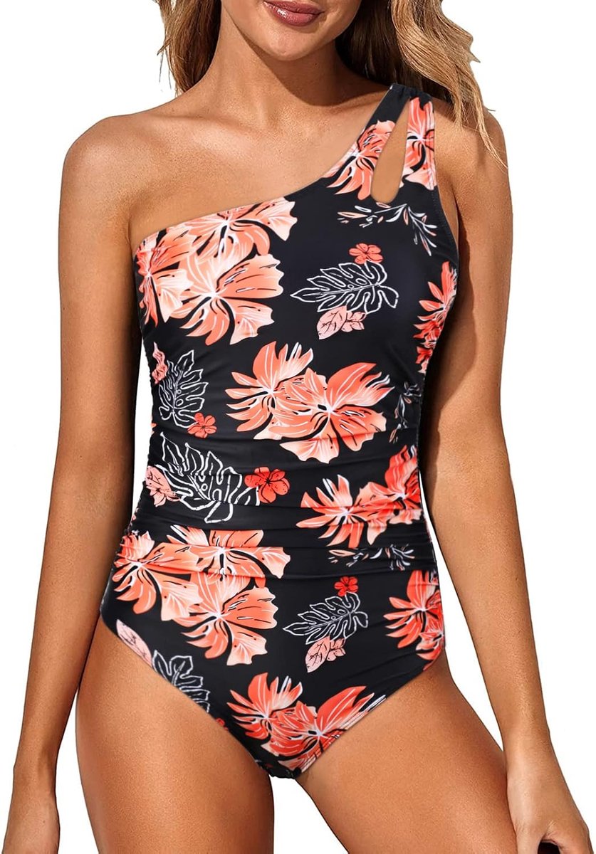Badpak uit één stuk, zwempak voor dames, met één schouder, buikbedekkend, badkleding