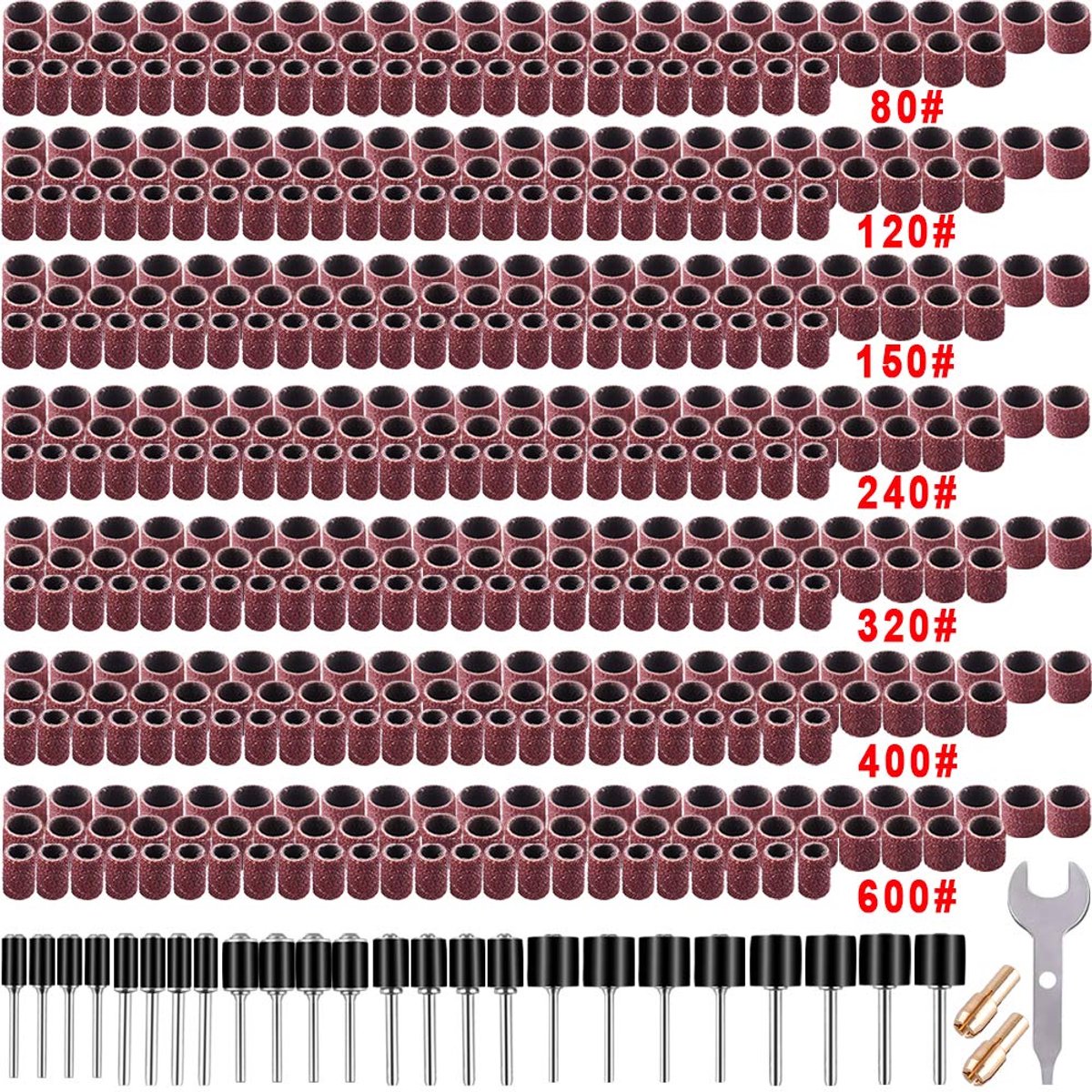 531-delige schuurpapierset voor Dremel, rotatiegereedschap, met 504 schuurmachines, 24 trommeldoornen, 2 boorhouders en 1 moersleutel