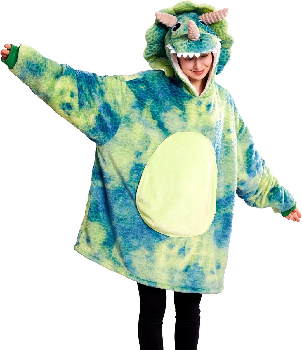 Unisex triceratops kostuum hoodie, microvezel & Sherpa Tie-dye Dino draagbare deken carnaval Halloween kostuum, eenheidsmaat voor iedereen