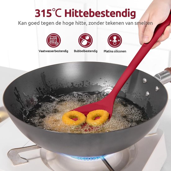 Extra Lange Siliconen Wokspatel (Rood) - 315 ℃ Hittebestendige Keuken Spatel van Voedselkwaliteit,Naadloos anti Aanbak Rubber Kookgerei voor Frituren Pannenkoeken vis — afbeelding 2
