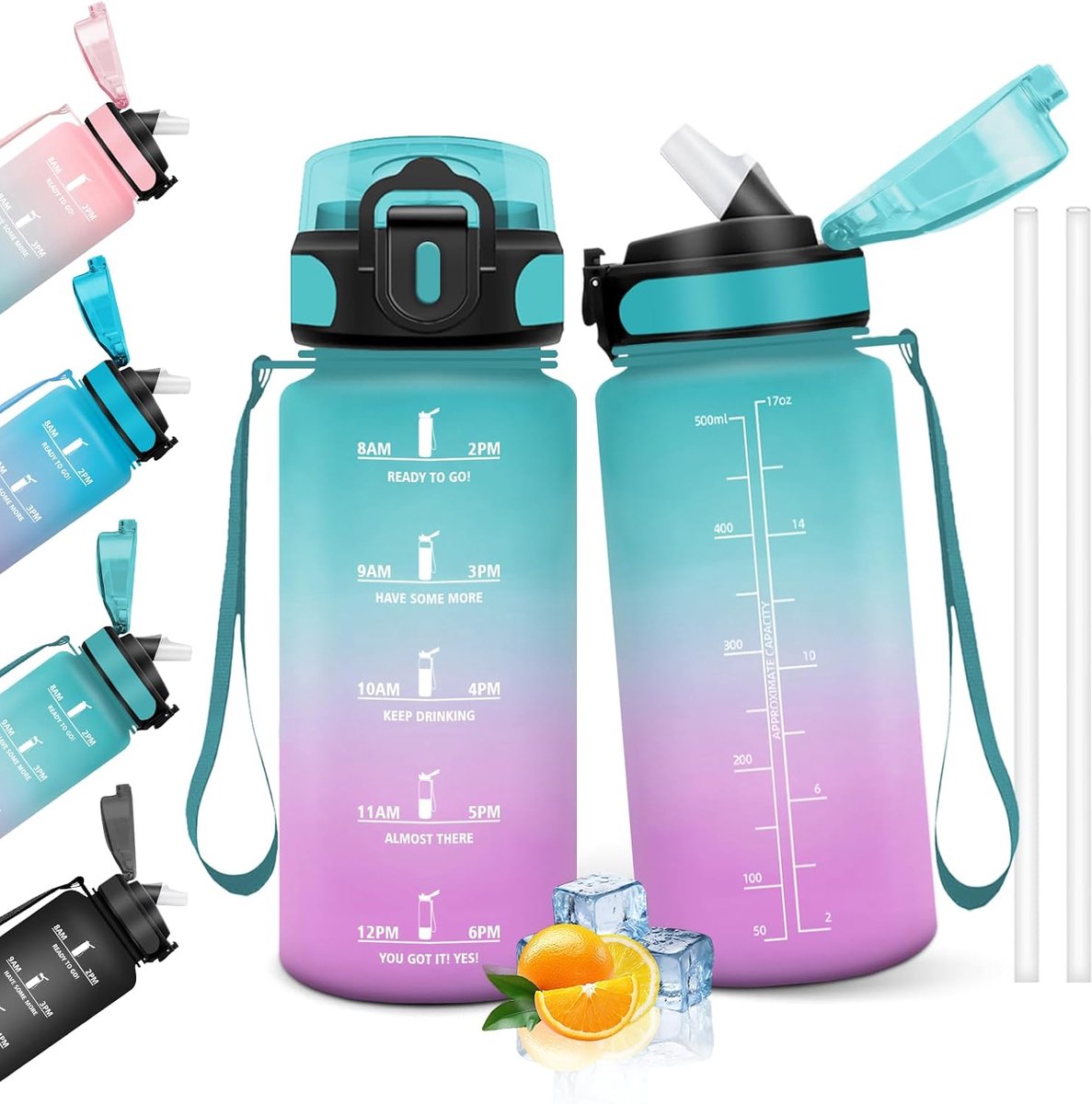 Drinkfles 500 ml, BPA-vrij en lekvrij, drinkflessen met rietje, herbruikbare drinkfles voor de basisschool, waterfles voor school, sportschool, kantoor, hardlopen
