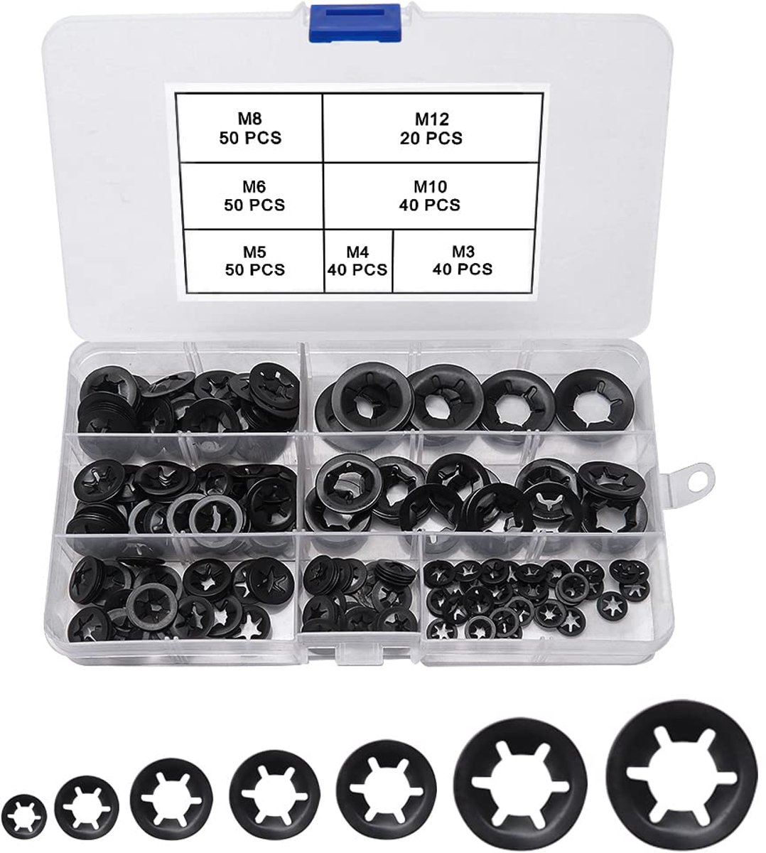 Borgringen, Interne Tand Sluitringen, Houder Snap Interne Borgring Assortiment Kit, 7 Maat M3 M4 M5 M6 M8 M10 M12
