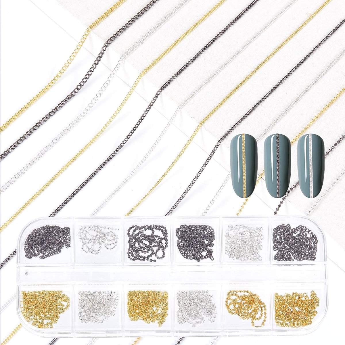 Sieradenlijn nagelkettingen goud zilver donkergrijs nagelkettingen nagelkunst accessoires van metaal met doos voor manicure decoratie om zelf te maken