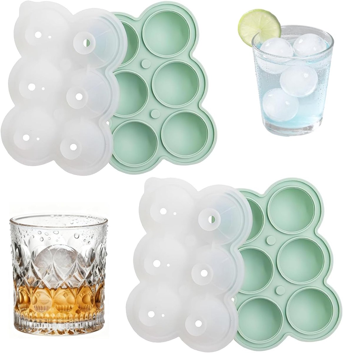 IJsblokjesvorm van siliconen met deksel, 2 stuks, herbruikbare ijsblokjesvorm voor ronde en grote ijsblokjes, Ice Cube Tray siliconen, perfect voor cocktails, whisky, dranken, BPA-vrij
